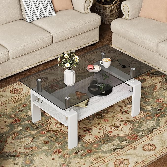 Modern 2-Tier Coffee Table with Tempered Glass Top, MDF Shelf & Metal Legs, Rectangular Living Room Center Table, Sturdy & Stylish Table for Small Spaces, Lounge or Office