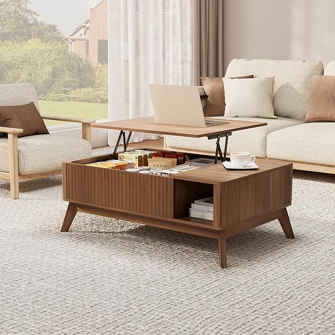 Lift Top Coffee Table with Storage Hidden Compartment, 40" Mid - Century Modern Wooden Living Room Center Table, Adjustable Height Desk for Laptop, Multifunctional Sofa Side Table，Walnut