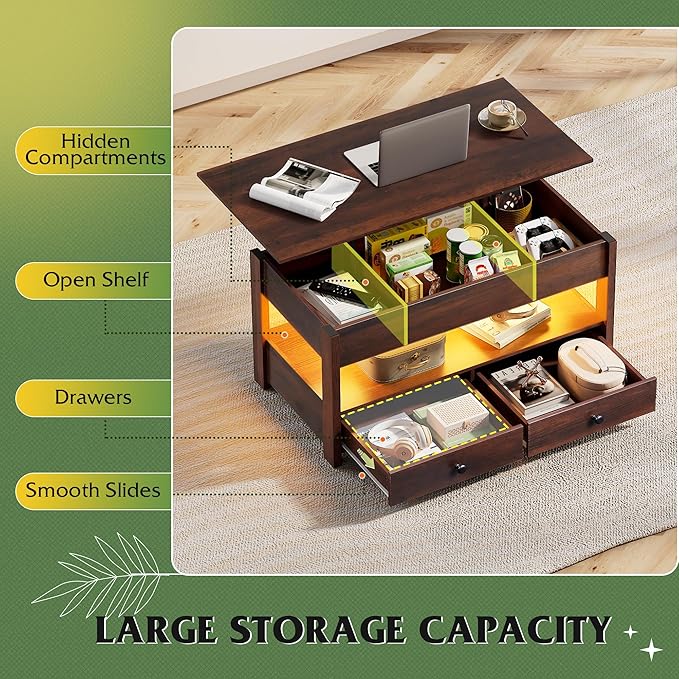 WLIVE Coffee Table, Lift Top Coffee Table with 2 Drawers, LED Light, Large Hidden Compartment and Open Shelf, Lift Tabletop, Dining Table for Living Room, Espresso