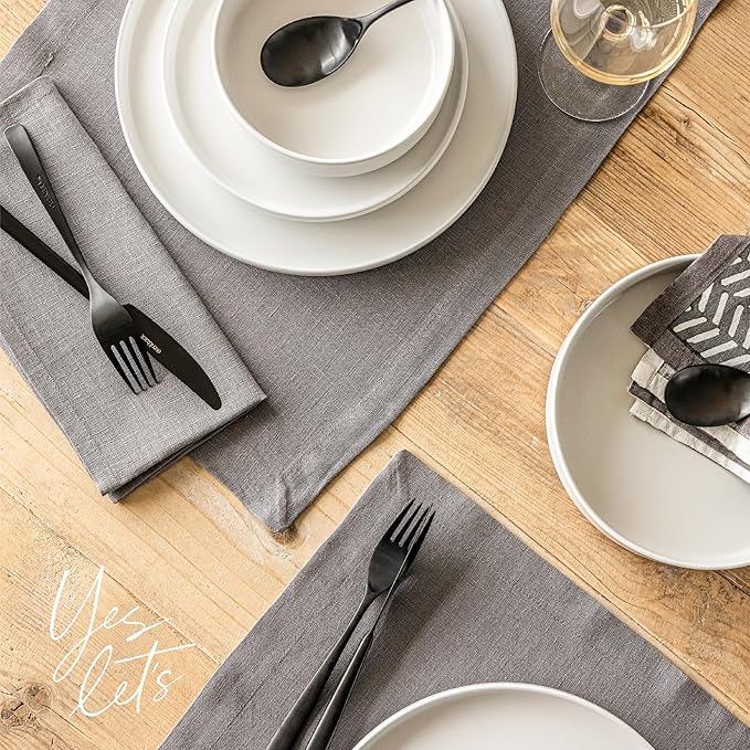 Over&Back Set of 4 Washed 100%-Linen Woven Placemats - Colorful Dining Table Mat - Machine Washable - Kitchen and Home Decor - Grey