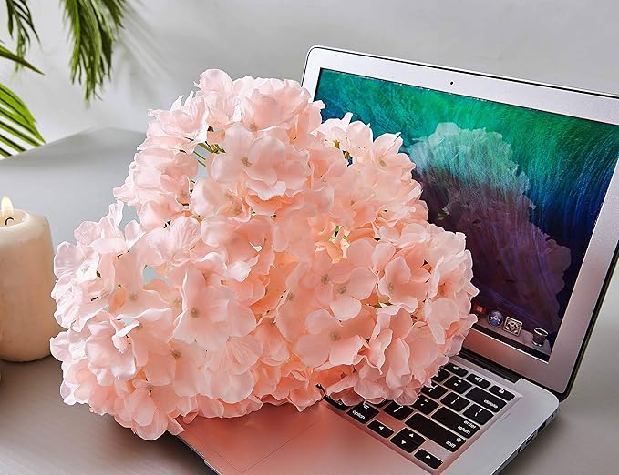 10Pcs Artificial Hydrangea Flowers Blush Heads Fake Hydrangea Silk Flowers for Wedding Centerpieces Bouquets DIY Floral Decor Home Decoration with Stems(VASE NOT Included)