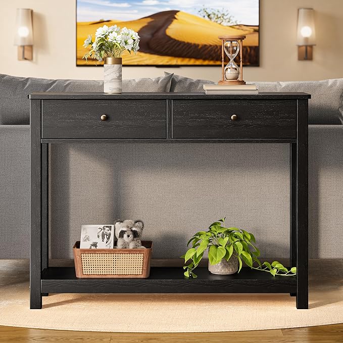 Gizoon Console Table with 2 Drawers, 2-Tier Wood Entryway Table with Storage Shelves, 39" W Wood Accent Sofa Table for Front Hall, Hallway, Living Room, Black