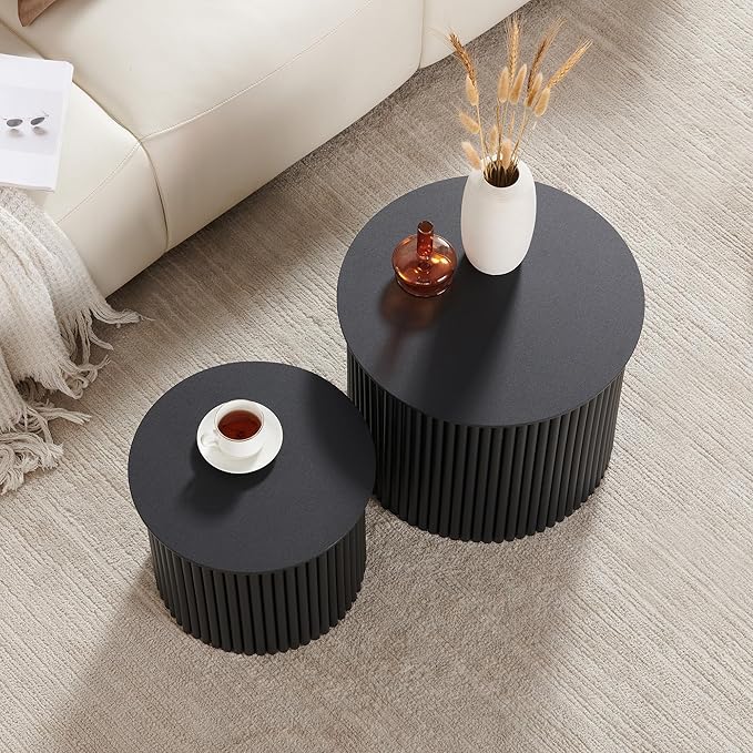 AVZEAR Round Nesting Coffee Table Set of 2, Small Fluted Coffee Table Circle Side Table, Mid Century Modern Wood Nesting Tables Farmhouse End Table Set for Living Room, Bedroom, Small Spaces(Black)
