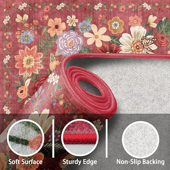 Washable Area Rug 8x10, Large Soft Rugs for Living Room Floral Red Carpet 8x10 Area Rugs for Bedroom Dining Room Non-Slip Stain Resistant Under Table Rug (8 x 10, Red Garden)