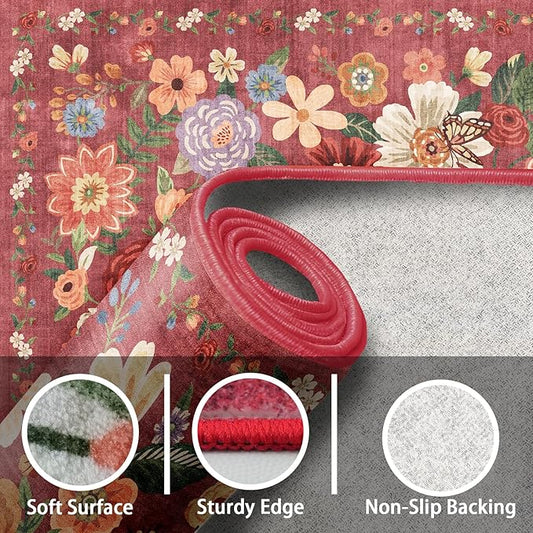 Washable Area Rug 8x10, Large Soft Rugs for Living Room Floral Red Carpet 8x10 Area Rugs for Bedroom Dining Room Non-Slip Stain Resistant Under Table Rug (8 x 10, Red Garden)