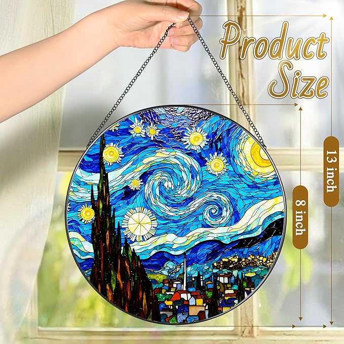 8'' Van Gogh Starry Night Sun Catcher Ornament, Stained Glass Window Hanging, Sun Catchers for Windows Hanging Ornaments, Window Decor, Ideal Gift | Gifts for Art Lovers, Friends, Family