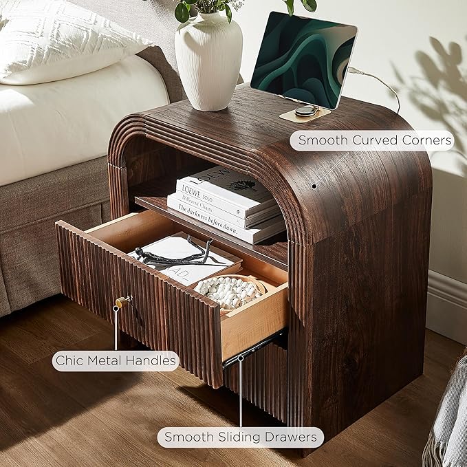 T4TREAM Fluted Nightstand with Charging Station, 24" Large 2 Drawers Bedside Table, Modern End Table with Storage Night Stand for Bedroom, Living Room, Round Curved Corner Design, Dark Walnut