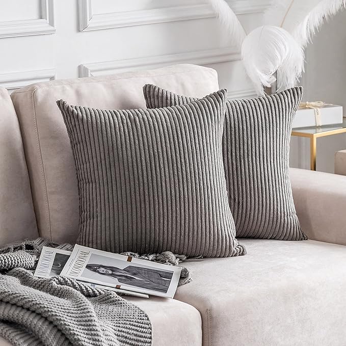 Home Brilliant Throw Pillow Covers 26x26 Euro Sham Covers Super Soft Striped Corduroy Decorative for Couch Bench Sofa Bedroom Patio Furniture, Set of 2, 26 x 26 inch, Ash Grey