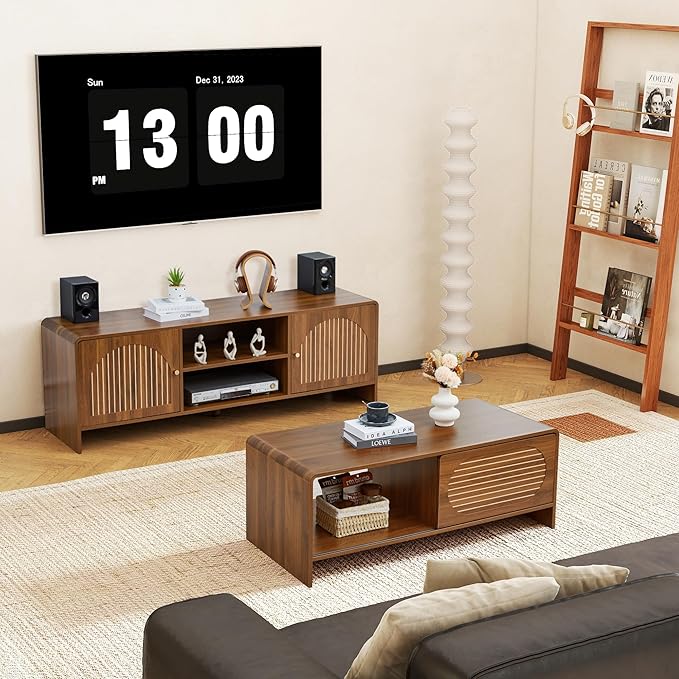 43.3“ Mid Century Modern Coffee Table with Storage, Curved Profile Wood Coffee Table with Sliding Arched Door, Farmhouse Center Table Rectangle Coffee Table for Living Room, Office, Walnut