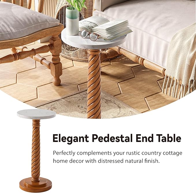 COZAYH Pedestal Small Drinking Table, Farmhouse Tray Top End Table, Distressed Finish, White Tabletop, Wooden Legs