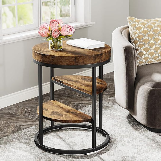 Tribesigns Round End Table, 3-Tier Side Table with Storage Shelves, Rustic Industrial Nightstand for Small Spaces, Wood Metal Accent Table for Living Room, Bedroom, Sofa, Bedside, Rustic Brown