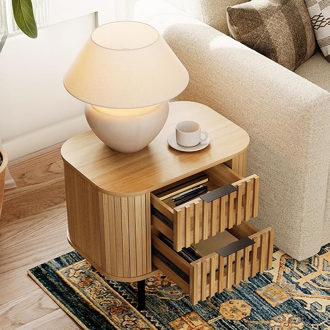 WAMPAT Set of 2 Fluted Nightstands, Modern Wooden End Tables with Drawer, Storage Bedside Table for Bedroom and Living Room, Oak