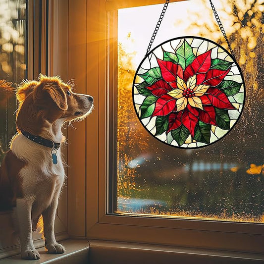 Stained Glass Window Hanging - Red Poinsettia Birth Flower Sun Catcher for Door Garden Home Decor Suncatcher Christmas Mother's Day Birthday Gifts for Women Men Mom Girl Nana Friend 15 in