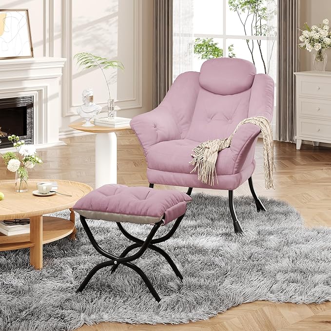 Living Room Chair Modern Accent Chair with Ottoman, Ergonomic Support, Foldable Footrest, Removable Washable Cover, Perfect for Bedroom and Living Room, Pink