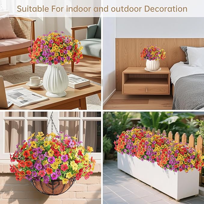 12 Bundles Artificial Flowers for Outdoor Indoor Summer Spring Flowers Home Decoration,Fake Silk Colorful Flower for Outside,Faux Daisy Plastic Flowers Plant,UV Resistant for Garden Porch Patio Decor