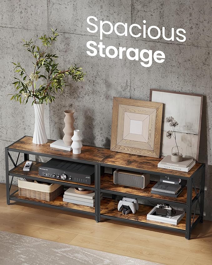 VASAGLE TV Stand with Power Outlets and LED Lights, for TVs up to 65 Inches, Entertainment Center with Open Storage Shelves, TV Console Table for Living Room, Rustic Brown and Ink Black ULTV118K01