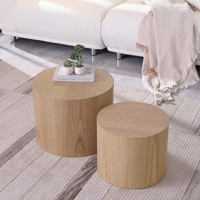 Small Round Coffee Table Nesting End Table Set of 2, Wood Side Circle Accent Tables for Small Spaces Living Room Bedroom Balcony Office, Oak