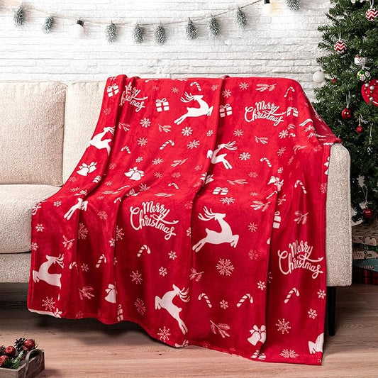 PAVILIA Premium Christmas Sherpa Throw Blanket | Christmas Decoration Gift, Fleece, Plush, Warm, Cozy Reversible Microfiber Holiday Blanket | Red Reindeer - 60x80 Twin