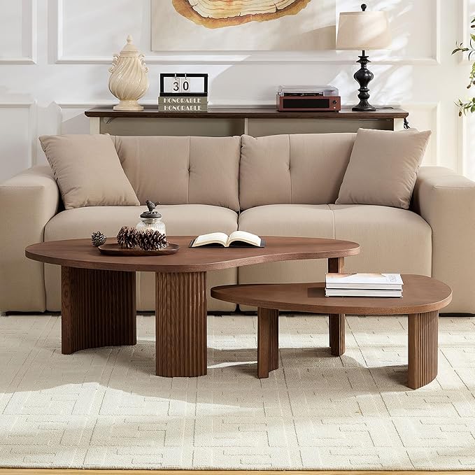 Modern Nesting Coffee Table Set of 2 for Living Room,Irregular Shape End Side Tables for Office,Easy Assembly,Walnut