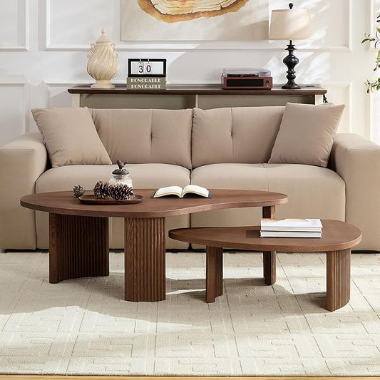 Modern Nesting Coffee Table Set of 2 for Living Room,Irregular Shape End Side Tables for Office,Easy Assembly,Walnut