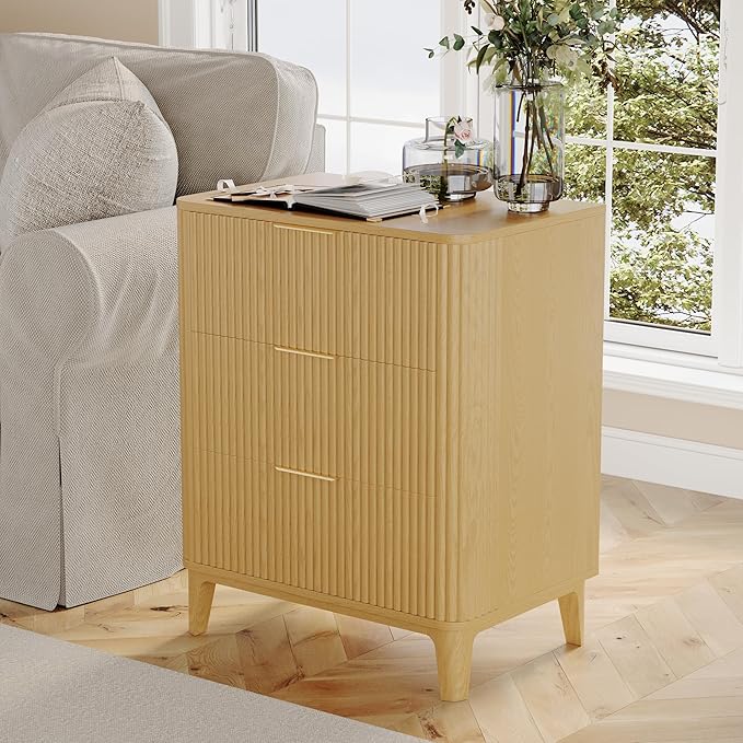 3 Drawer Fluted Dresser for Bedroom, Modern Closet Dressers Chest of Drawers, 23.6" Rustic Wood Nightstand 3-Drawer Dresser Bedside Table, Curved End Table with 3 Large Drawers for Living Room Natural