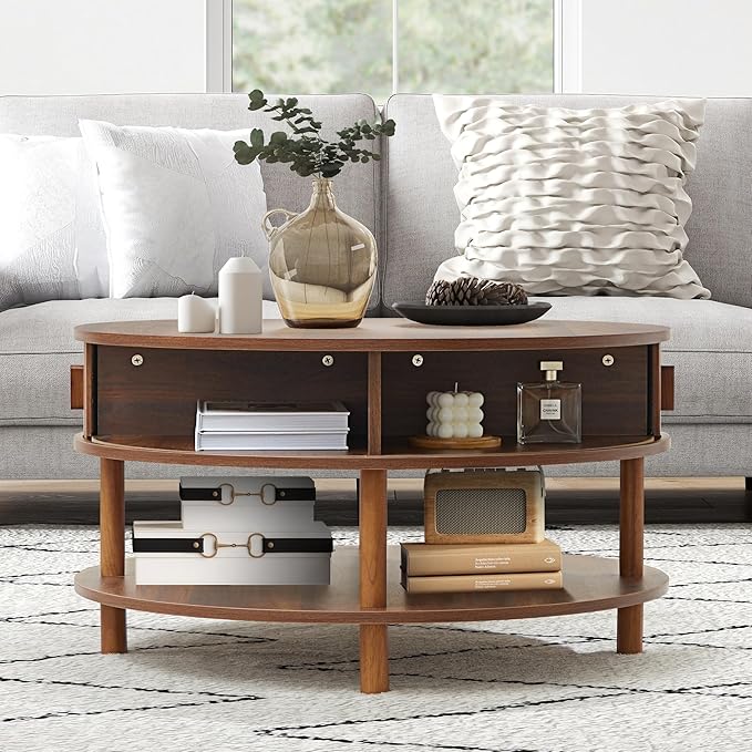 RARZOE 31.5" Round Coffee Table with Storage, Wood Circle Coffee Table with Sliding Cabinet Doors, Fluted Dining Table Accent Center Table for Living Room Home Office Apartment, Walnut