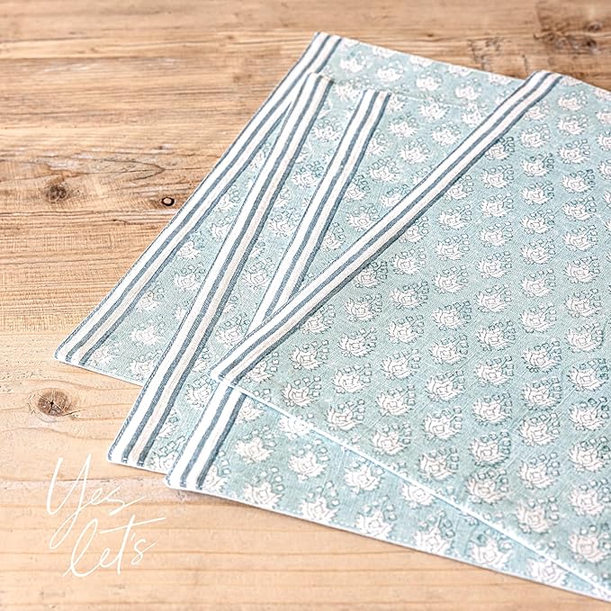 Over&Back Set of 4 Hand-Blocked Placemats - Colorful Dining Table Mat - Each Placemat is Unique - 100% Cotton - Machine Washable - Kitchen and Home Decor - Blue Leaf
