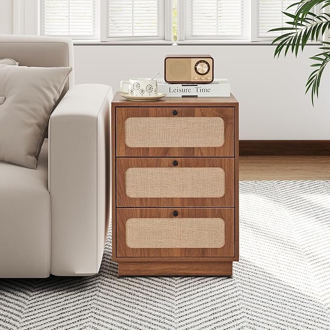 16 Inch Nightstand Set of 2, Mid-Century Wood Night Stand with 3 Storage Drawer, Farmhouse Small Linen Decor End Table for Sofa Couch, Side Tbale for Bedside Bedroom, Living Room (Walnut)