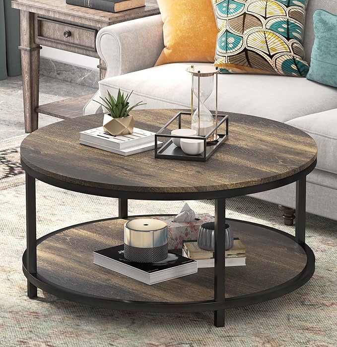 WiberWi Round Coffee Table 35.8" Rustic Vintage Industrial Design Furniture Sturdy Metal Frame Legs Sofa Table Cocktail Table with Storage Open Shelf for Living Room, Easy Assembly, Dark Brown