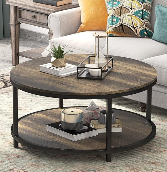 WiberWi Round Coffee Table 35.8" Rustic Vintage Industrial Design Furniture Sturdy Metal Frame Legs Sofa Table Cocktail Table with Storage Open Shelf for Living Room, Easy Assembly, Dark Brown