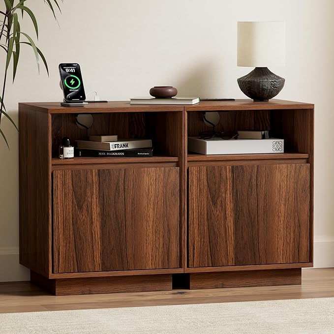 Farmhouse End Table Charging Station Set of 2, Wood Storage Nightstand with Door & Open Shelf, Bedside End Tables for Bedroom, Sofa, Brown