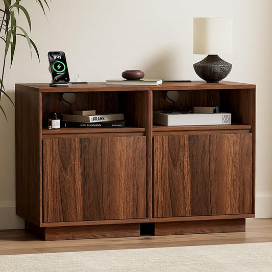 Farmhouse End Table Charging Station Set of 2, Wood Storage Nightstand with Door & Open Shelf, Bedside End Tables for Bedroom, Sofa, Brown