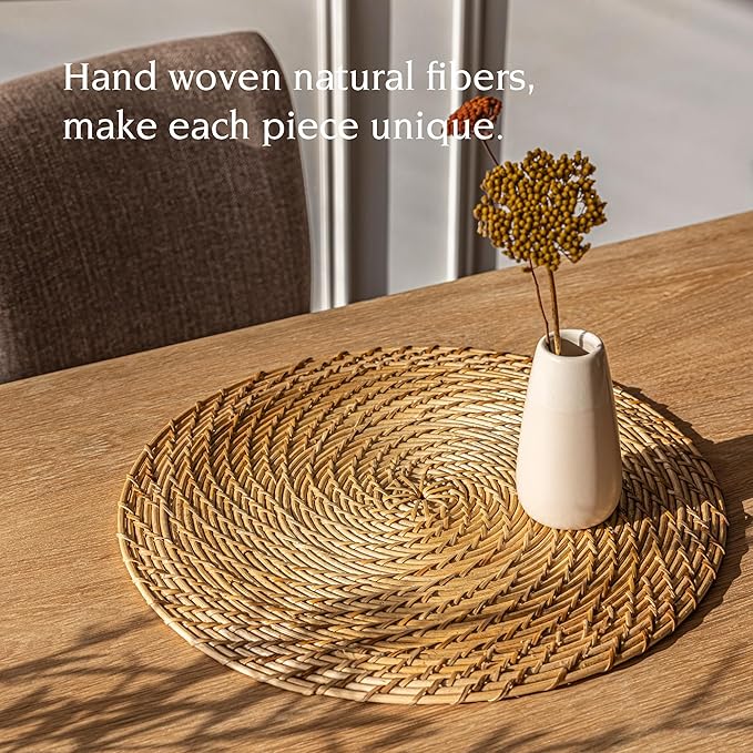 Over&Back Set of 2 Natural Rattan Round Placemats - Hand-Made Dining Table Charger/Mat - Made with Natural Fibers - Kitchen and Home Decor - 15" Diameter - Brown
