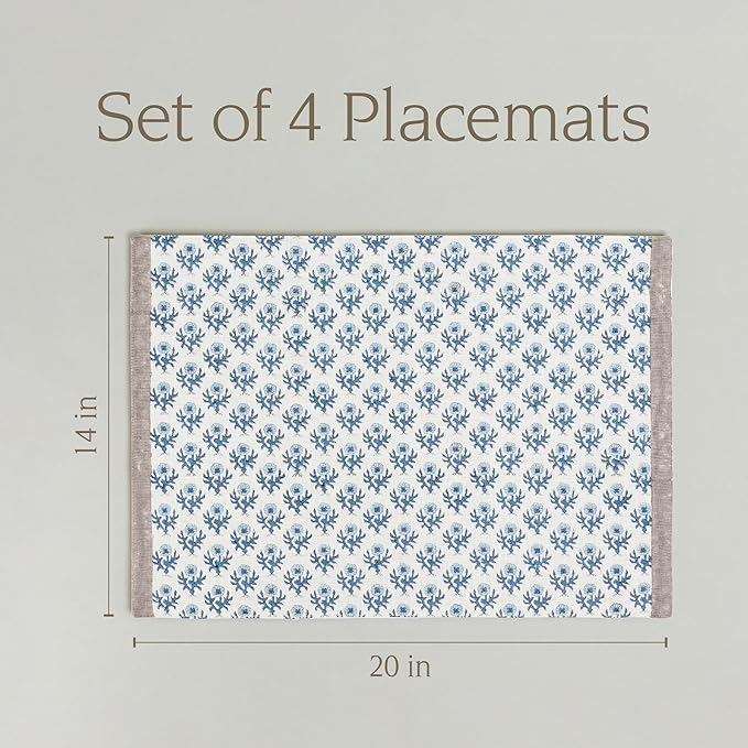 Over&Back Set of 4 Hand-Blocked Placemats - Colorful Dining Table Mat - Each Placemat is Unique - 100% Cotton - Machine Washable - Kitchen and Home Decor - Blue Blossom