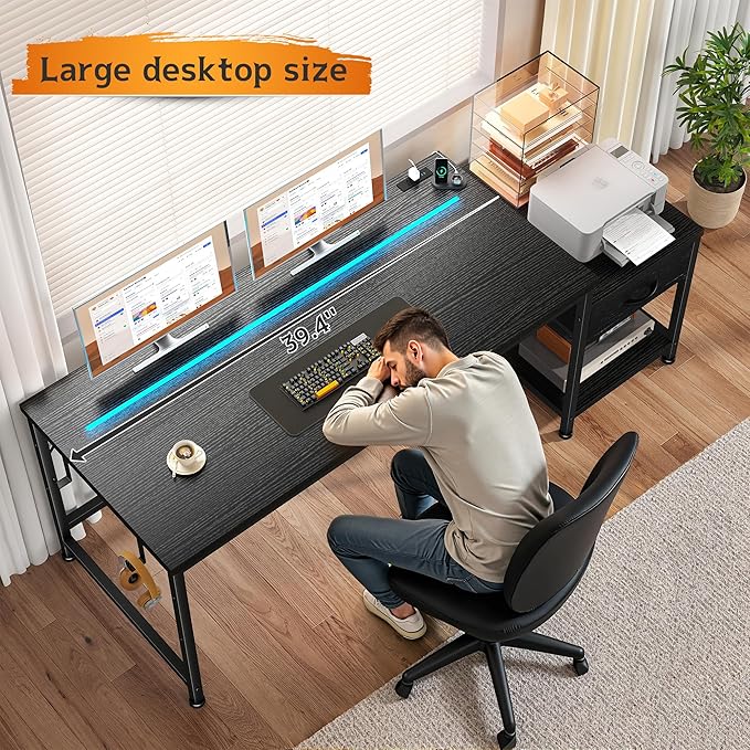 Gaming Desk with Printer Shelf & Storage Shelves,48.1 Inch Computer Desk with LED Lights & Power Outlet,Office Desk with Headphone Hook,Reversible Corner Desk for Bedroom,Black