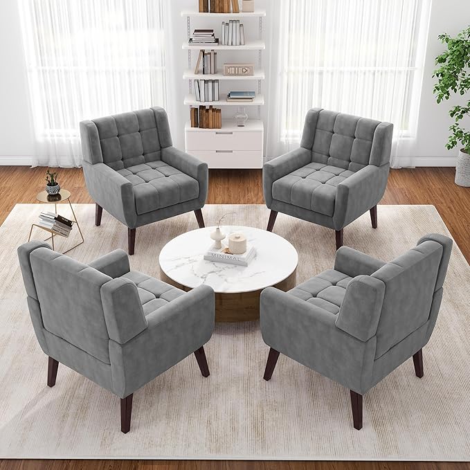 2 Pack Mid Century Modern Accent Chairs, Button Tufted Velvet Upholstered Armchairs with Arms - Matching Set for Living Room, Comfortable Sofa Chairs for Bedroom & Home Office, Compact, Gray