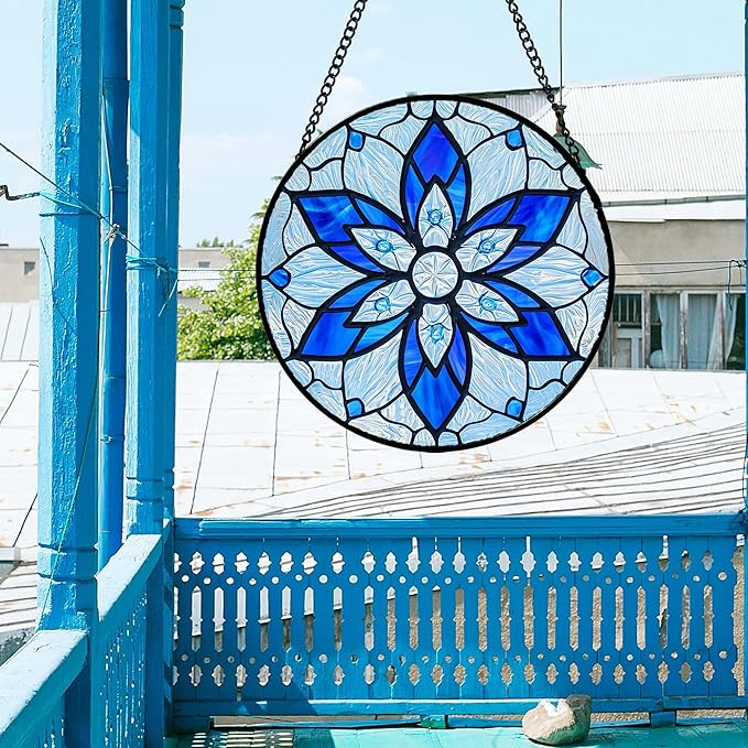 Stained Glass Window Hanging, Blue Tiffany Style Flowers Sun Catcher for Window Door Home Decor Suncatcher Christmas Mother's Day Birthday Gifts for Women Men Mom and Nana 9.8 in