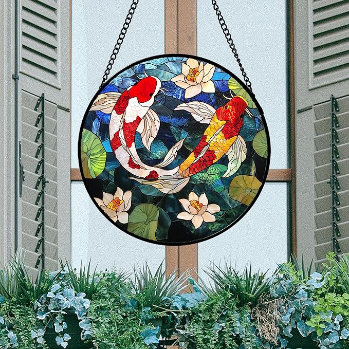 Stained Glass Window Hanging, Koi and Lotus Sun Catcher for Door Home Decor Fish Suncatcher Christmas Mother's Day Birthday Gifts for Women Men Mom and Nana 7.8 in