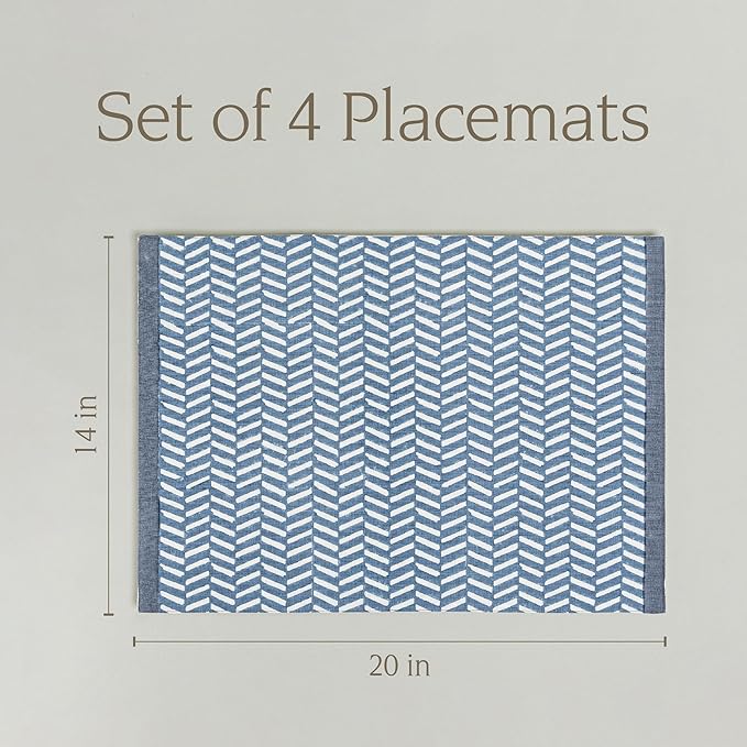 Over&Back Set of 4 Hand-Blocked Placemats - Colorful Dining Table Mat - Each Placemat is Unique - 100% Cotton - Machine Washable - Kitchen and Home Decor - Blue Herringbone