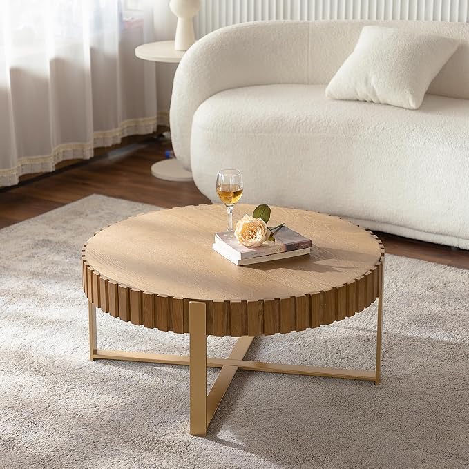 Round Coffee Table with Thick Tabletop, 30.71" Fluted Circle Accent End Table with Metal Legs, Morden Coffee Tables, Wooden Center Table for Living Room, Side Table Home Furniture - Natural