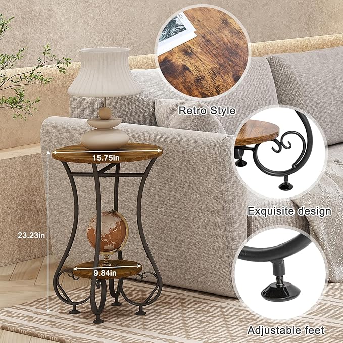 Side Table,Small Round End Table with Lower Shelf for Small Spaces,Round Bedside Nightstand Table with Metal Frame,Couch Sofa Coffee Tea Table,Retro Accent Drink Table for Living Room Bedroom Balcony