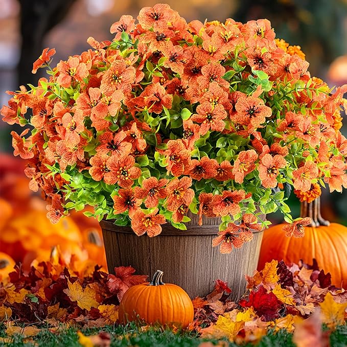 12 Bundles Artificial Fall Flowers Faux Mums for Outdoor Decoration Fake Fall Plants Flowers UV Resistant for Front Door Porch Patio Balcony Autumn Decor
