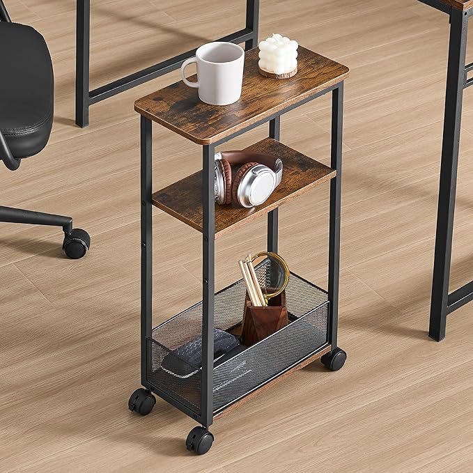 Side Table with Wheels of 2, Narrow Side Table with 3-Layer Storage Shelves, Slim Nightstand, Metal Frame, for Small Spaces, Living Room, Bedroom, 7.9" W x 15.7" D x 25.2" H, Rustic Brown