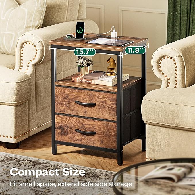 Huuger Night Stand with Charger Station and LED Lights, 2 Drawer Nightstand, Bed Side Table with Open Shelf, End Table, Fabric Dresser for Bedroom, Rustic Brown