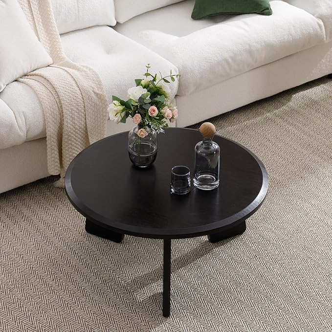 Mid Century Modern Coffee Table Wood Living Room Table Cute Round Coffee Table Center Table Side Table for Living Room Office Reception Room, Black