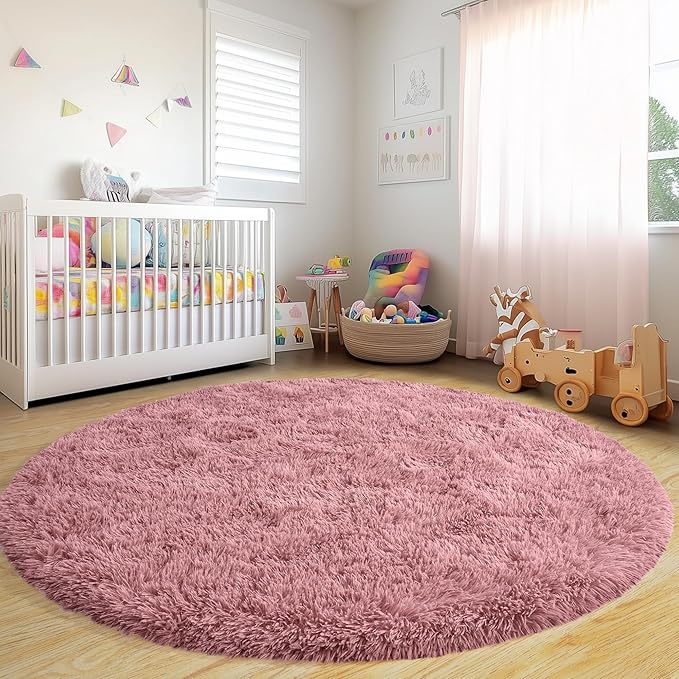 Round Fluffy Rugs 5Ft for Girls Bedroom, Blush Pink Shag Circle Kids Rug Non-Slip for Bedside Dorm Nursery Playroom, Soft Cute Area Rugs for Living Room Decor