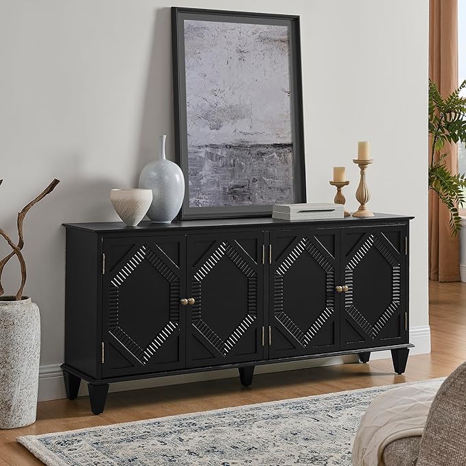 65.2" Mid Century Modern Sideboard Buffet Cabinet with Storage,Symmetrical Geometric Accent Coffee Bar Wine Bar Storage Cabinet,Large Console Table for Living Room/Entryway/Kitchen,Black