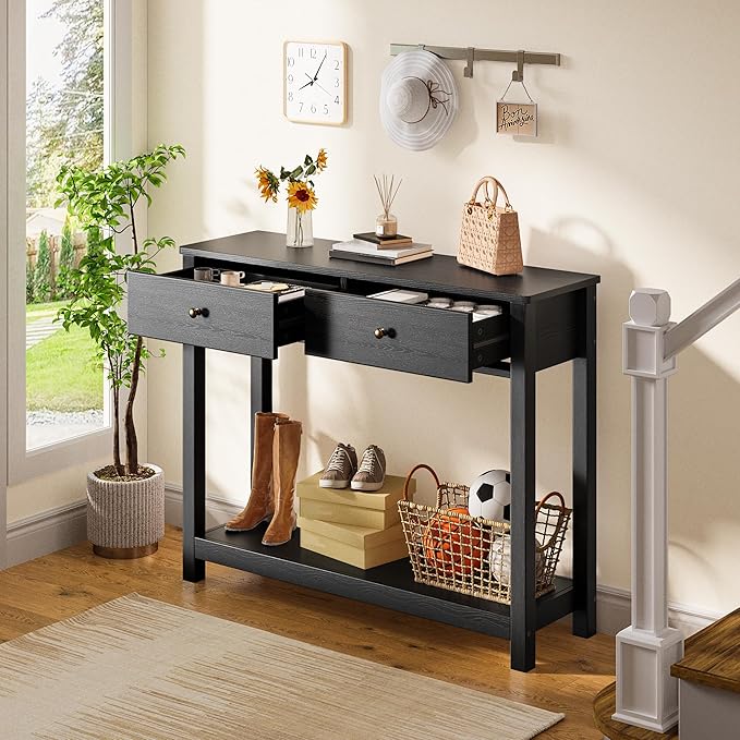 Gizoon Console Table with 2 Drawers, 2-Tier Wood Entryway Table with Storage Shelves, 39" W Wood Accent Sofa Table for Front Hall, Hallway, Living Room, Black