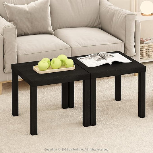 Furinno Classic Coffee Table Set of 2, Square Modern Coffee Table with 1.8" Thick Tabletop, Side Table with 4 Legs, for Living Room, Bedroom, Home Office, Black
