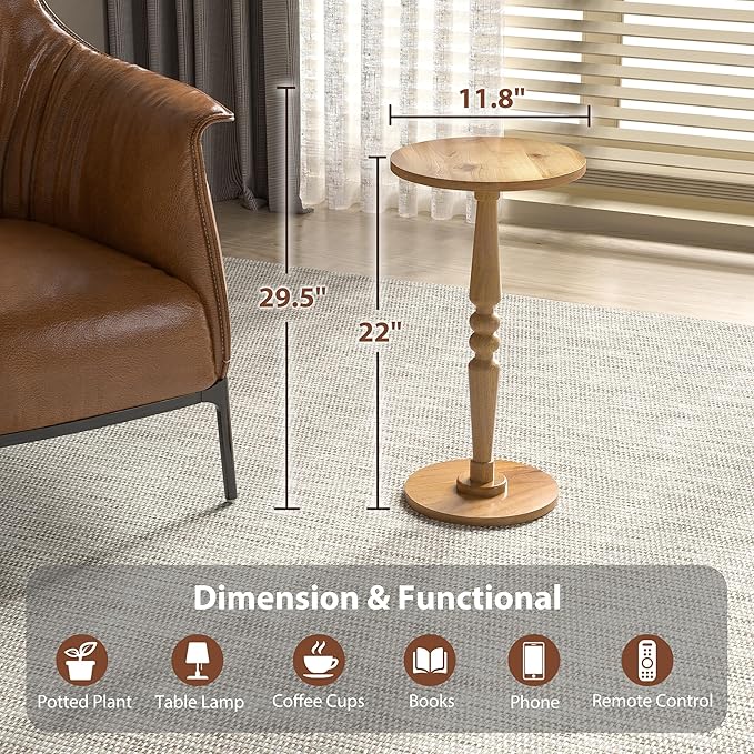 Round Side Table for Livingroom, Bedroom - Small Modern Accent End Table with Solid Wood Top and Pedestal Leg - Compact Drink Table for Corners, Small Spaces, and Office
